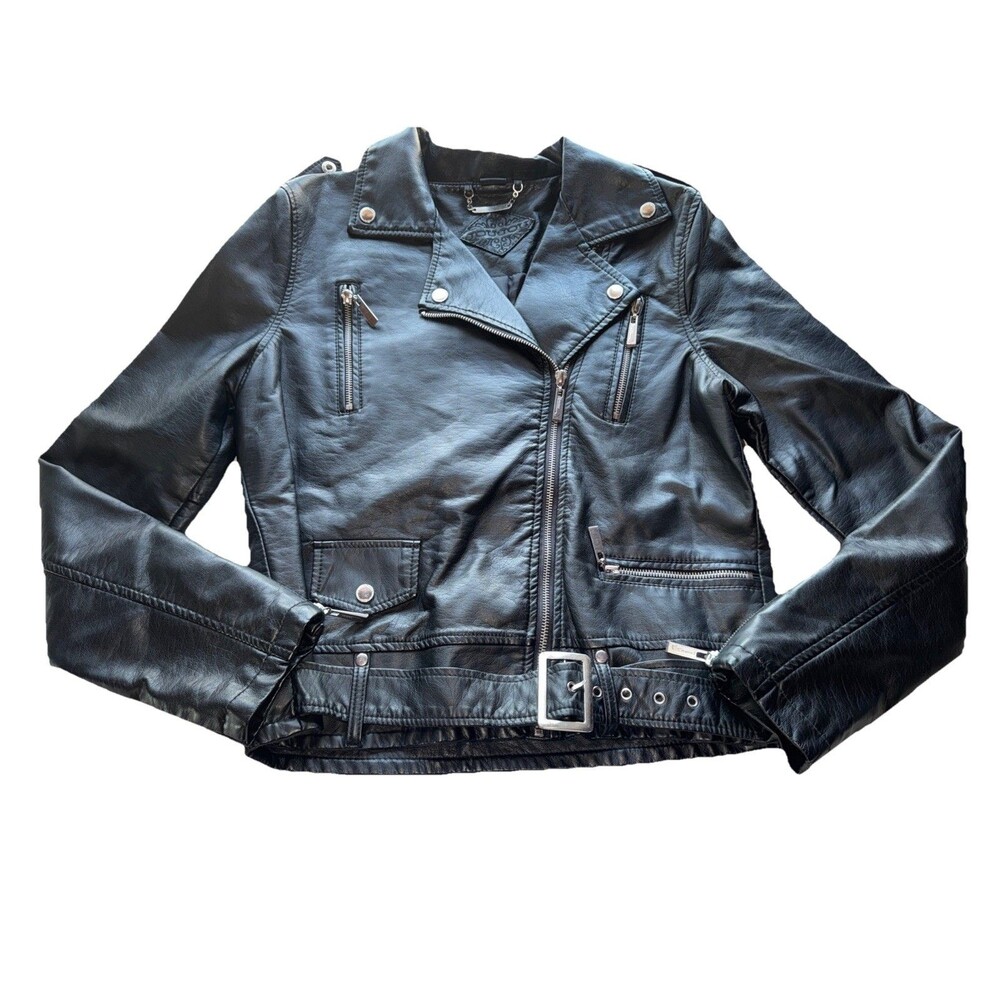 Y2K JouJou Faux Black Leather Jacket Biker Moto Women’s Size Large Ac/dc -Flaw